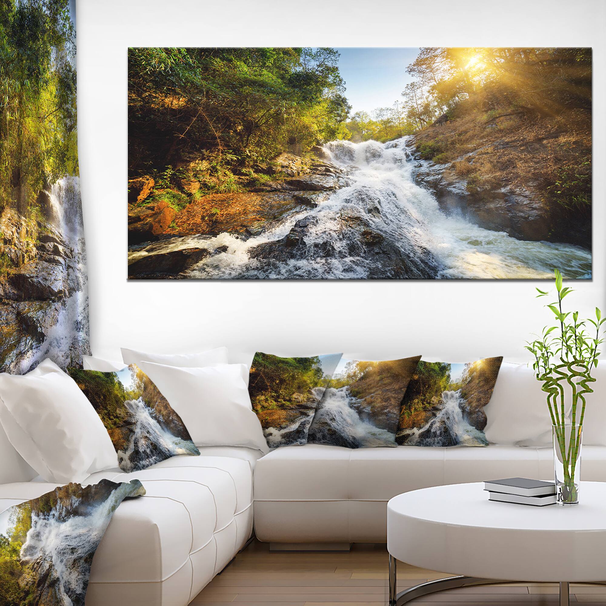 Designart - Waterfall through the Forest - Large landscape Canvas Art Print